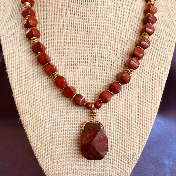 Red Jasper Statement Necklace with Faceted Pendant – Natural Stone Jewelry - Picture 1 of 7